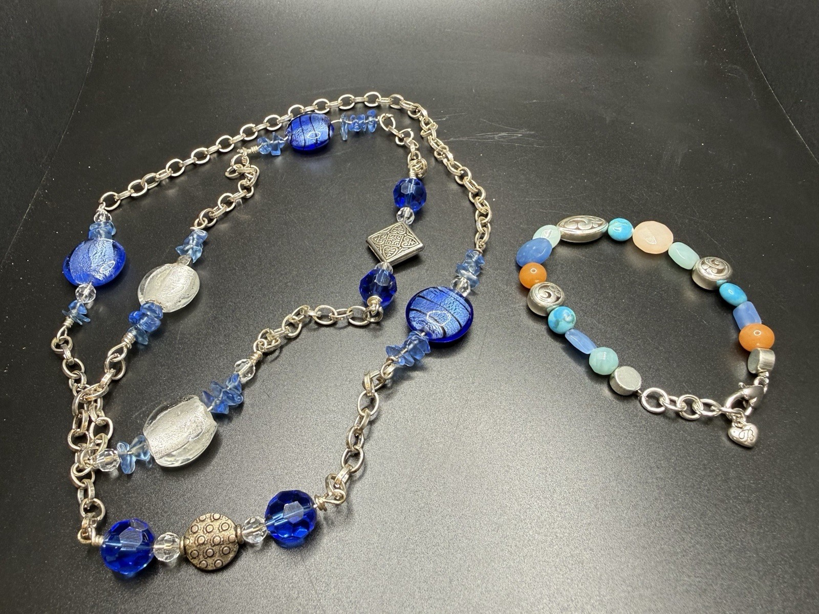 Brighton Bracelet Artisan Blue Art Glass Station Necklace Silver Tone