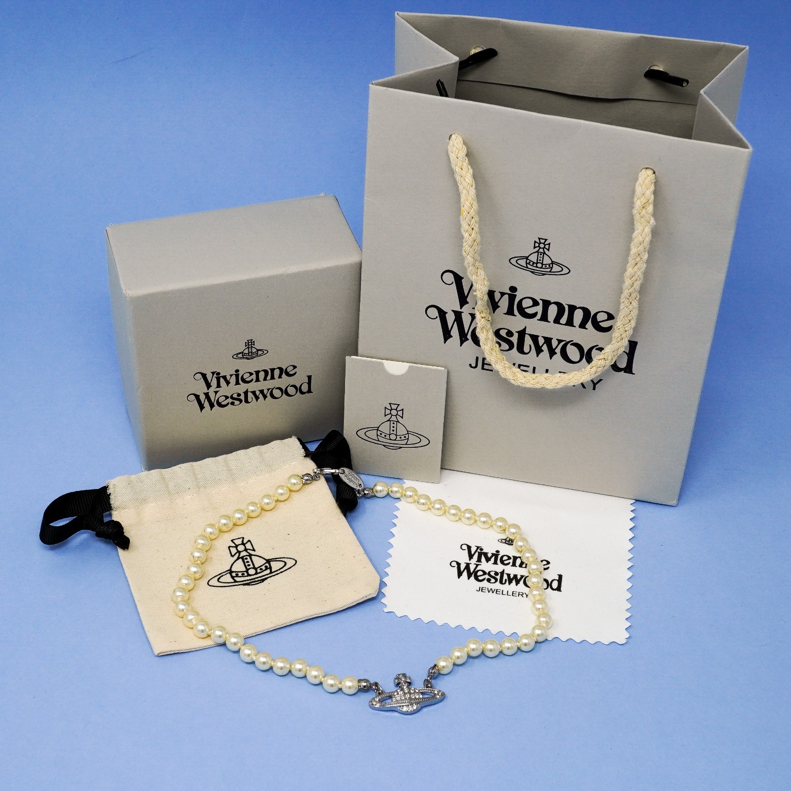Vivienne Westwood Necklace Bas Relief Pearl & Silver Pendant With Crystals & Box