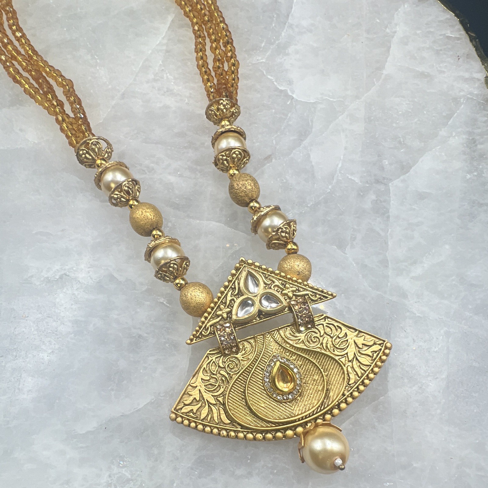 Gold Tone Multi-Strand Beaded Necklace, Fan Pendant, Simulated Pearl, Crystal