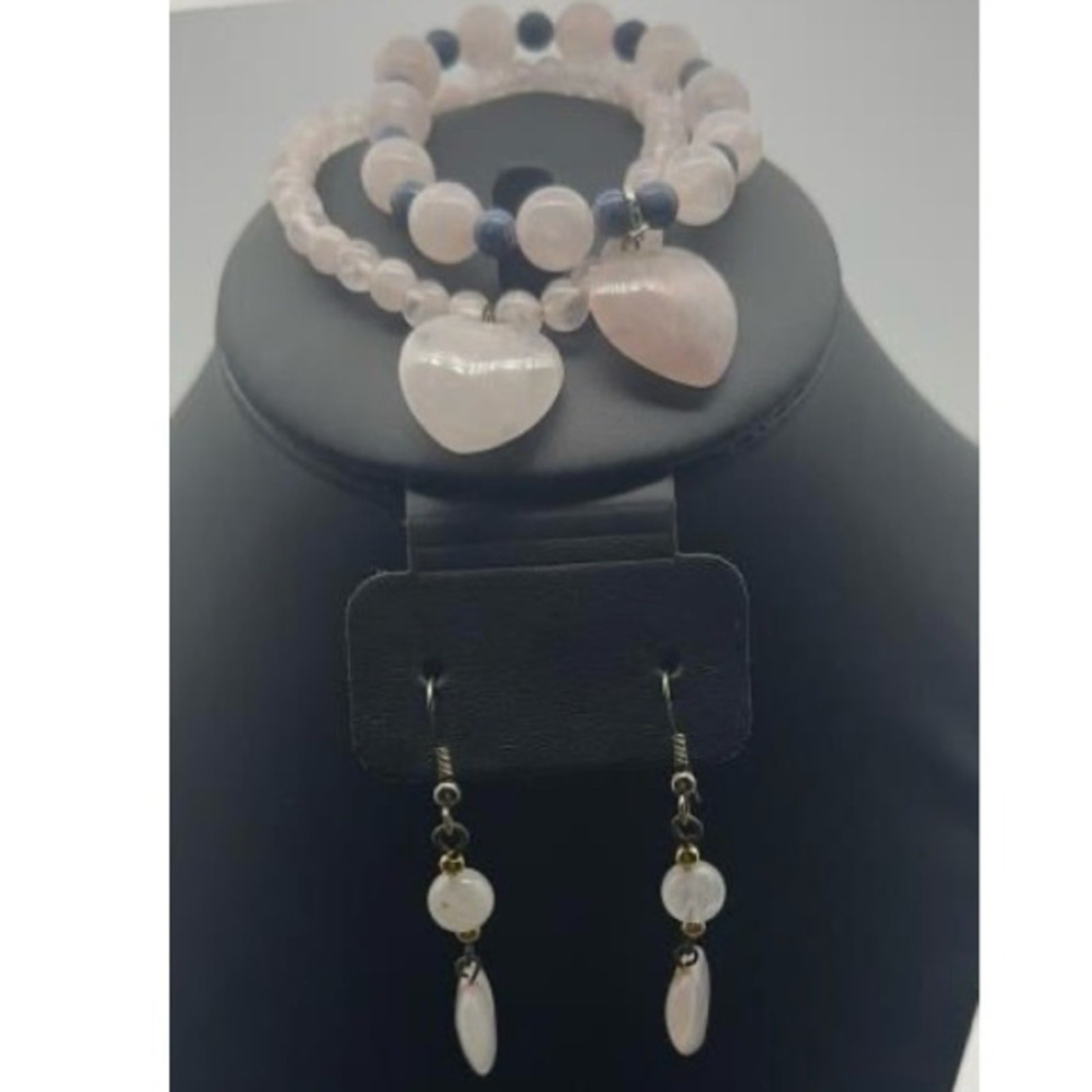 Rose Quartz Blue Stone Set Two Stretch Bracelets Drop Earrings Pierced