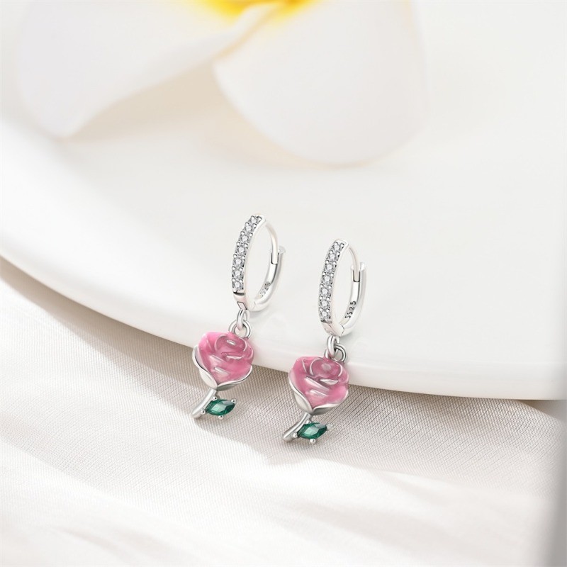 PANDACH 925 Sterling Silver Pink Rose Drop Earrings For Women Hoops Jewelry Gift