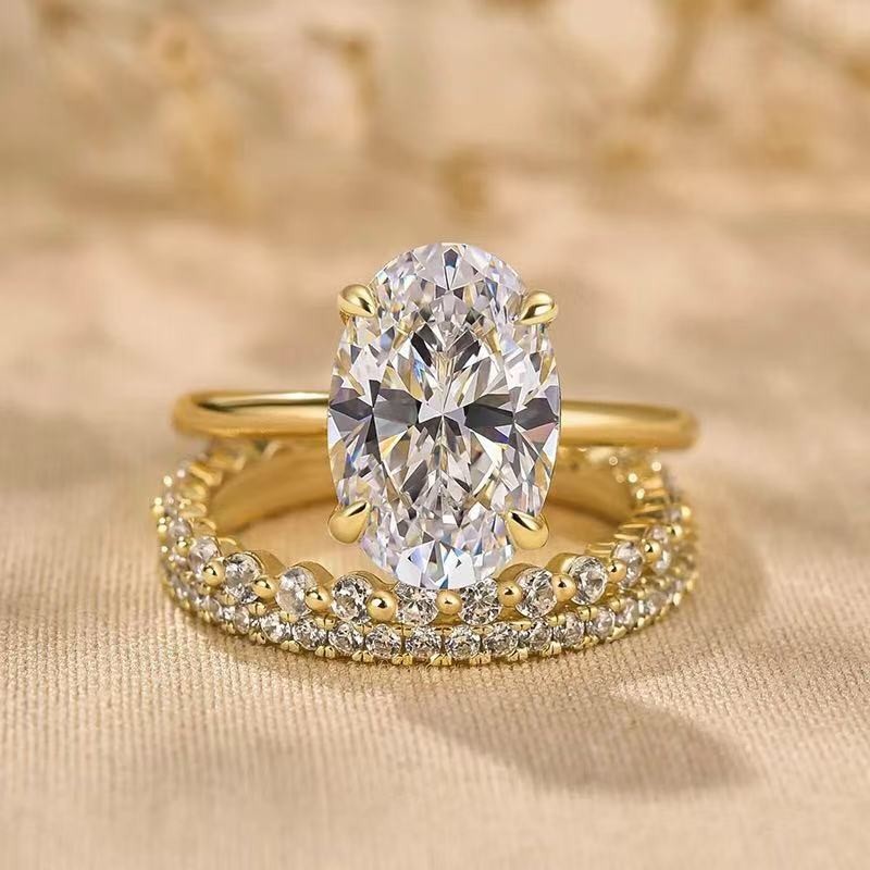 ONE SET 3 PCS Women 18k Gold Plated Sparkling CZ Oval Band Ring Engagement