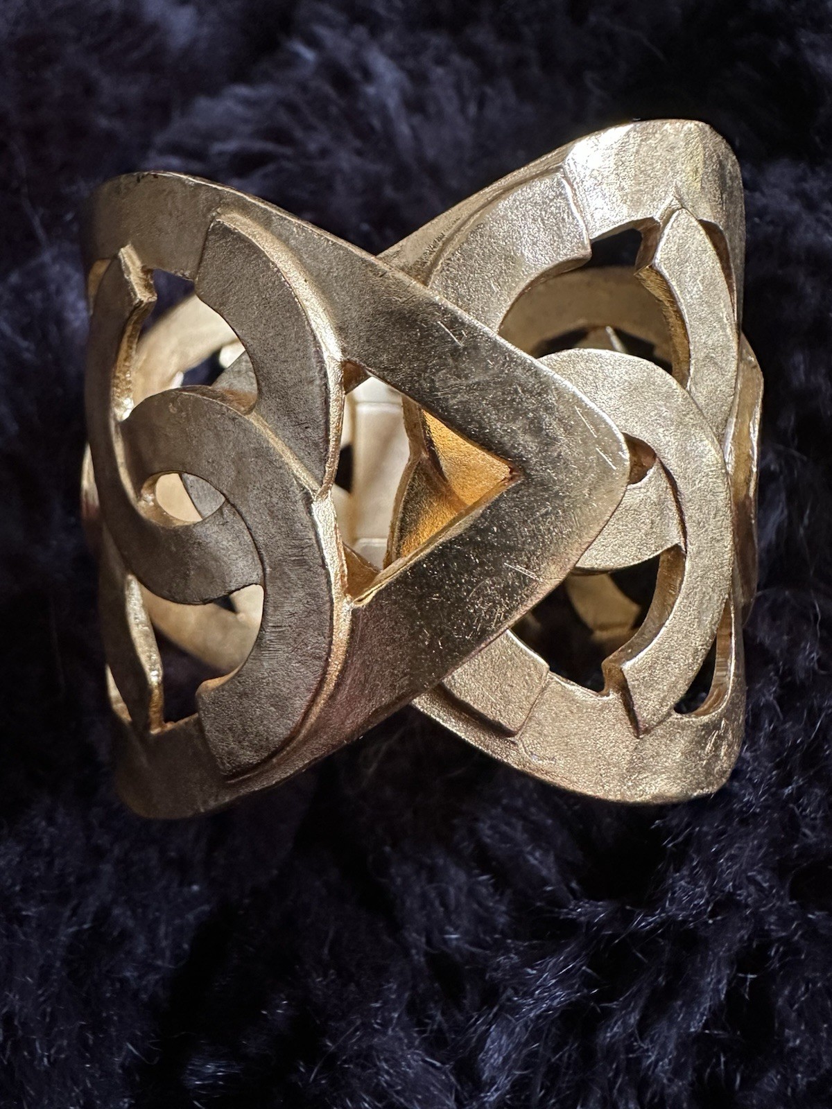 CHANEL Vintage Gold Cuff Bracelet Logo Hinged 96 P Made in France