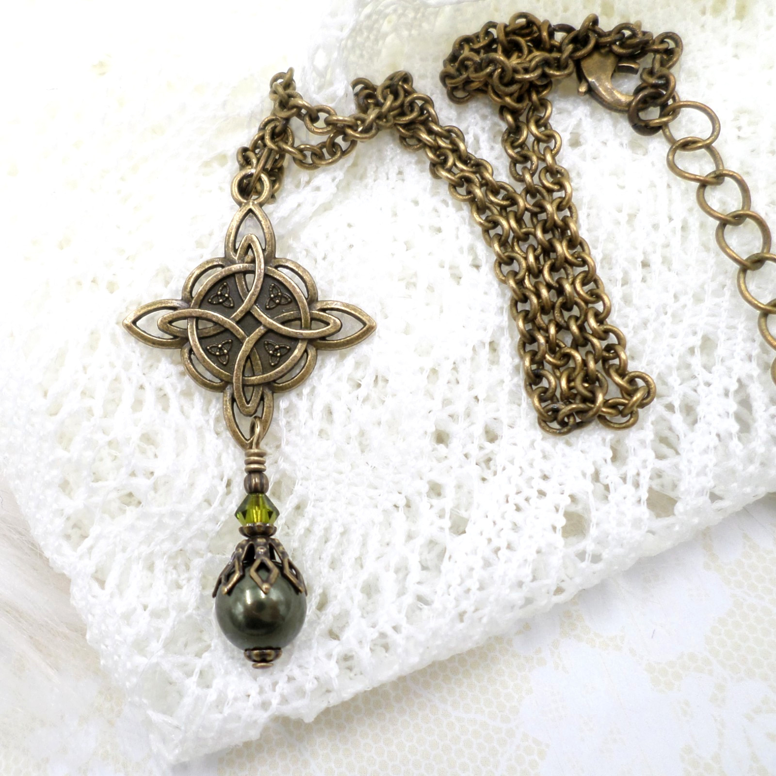 Celtic Knot Necklace, Green Bead Antique Brass Witch Knot Handmade Jewelry