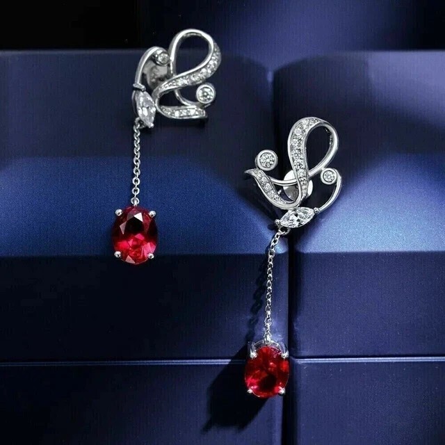 2.30Ct Oval Cut Simulated Ruby Drop Stunning Earrings In 14k White Gold Plated