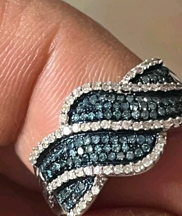 Silver Tone Blue & Clear Crystal Pavé Wave Band Ring, Size 7