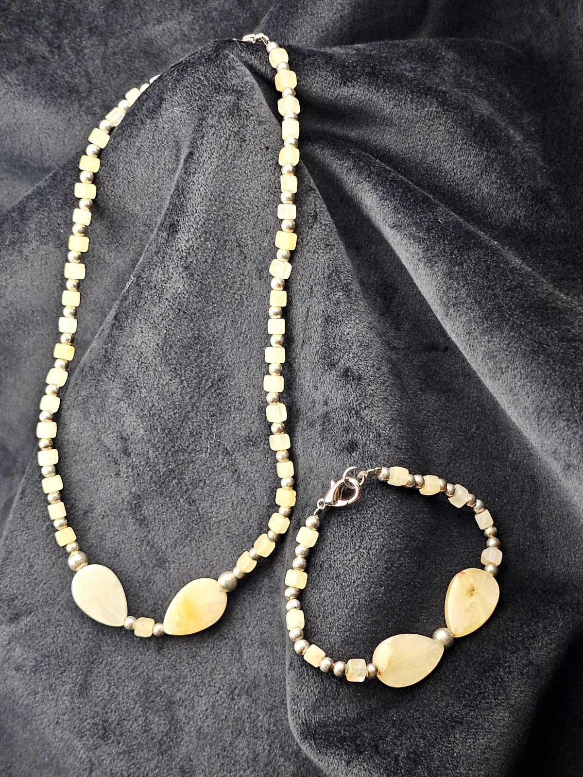 Yellow Adventurine Stone Necklace & Bracelet Set 16″/7″ Teardrops & Squares 30 g