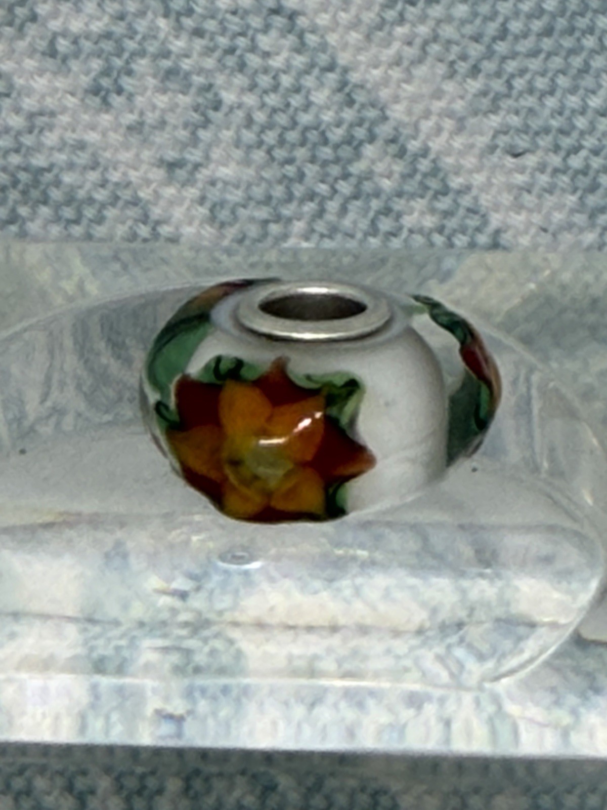 Authentic Trollbeads OOAK Yellow Star Flowers & Green on White CC, New (117)