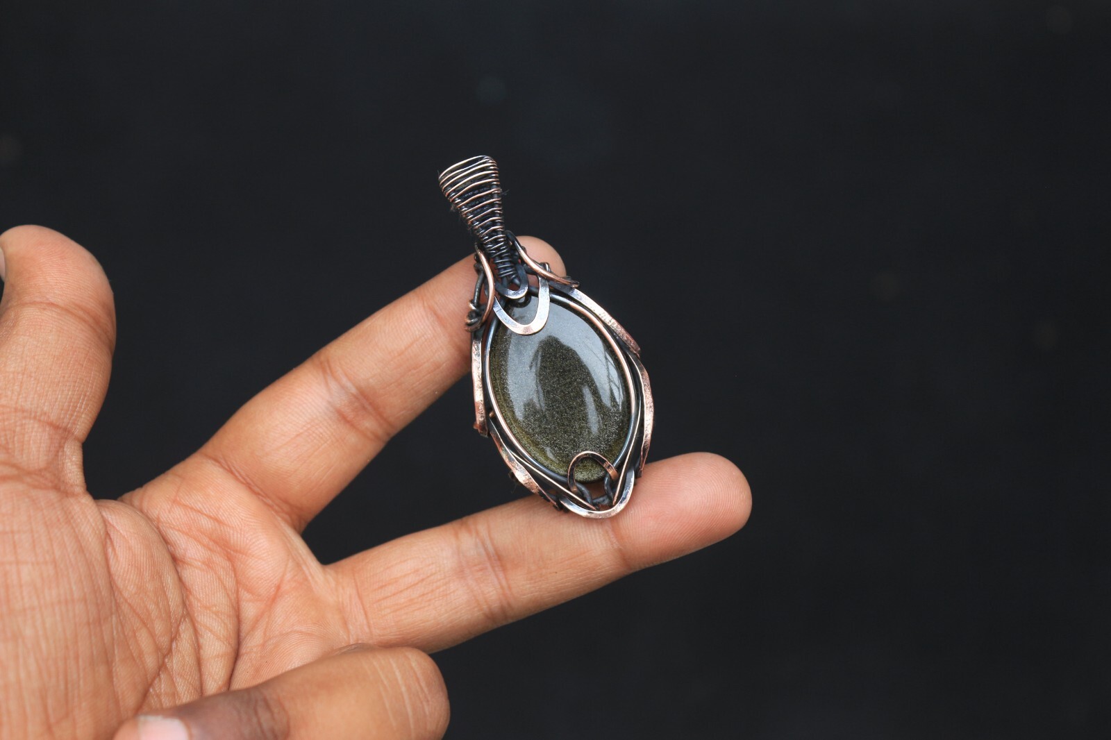 Golden Sheen Obsidian Copper Pendant Wire Wrap Gemstone fashion Jewelry N474
