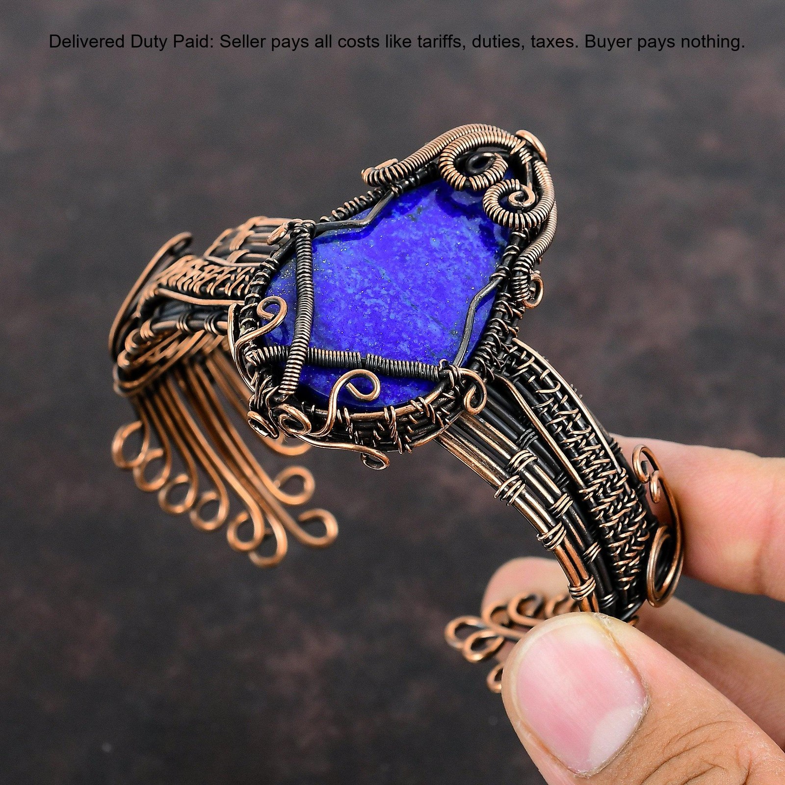 Copper September Lapis Lazuli Gemstone Wire Wrapped Handcrafted Bangle Jewelry