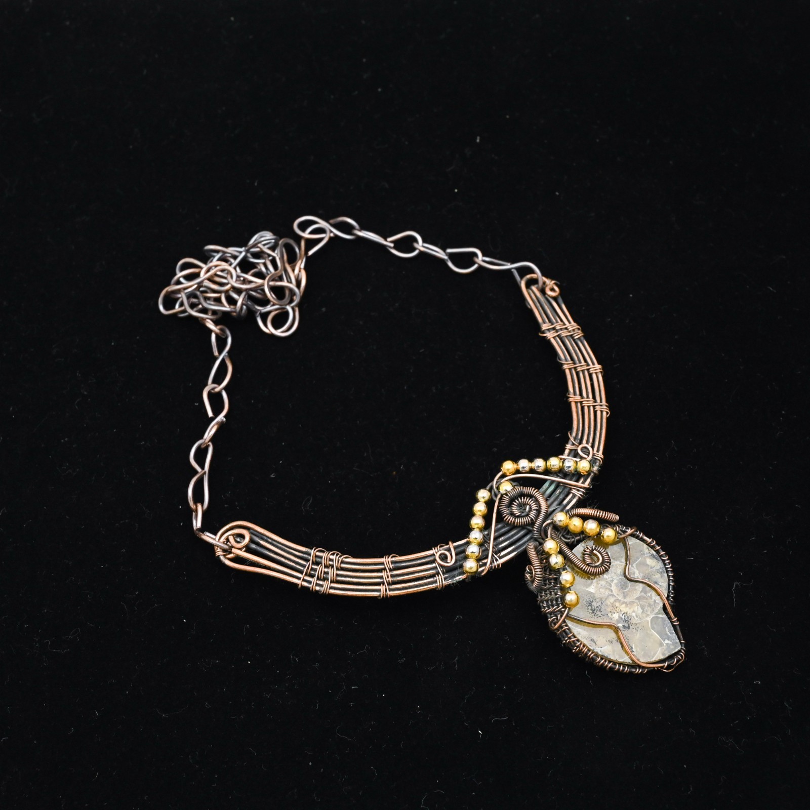 Copper Wire Wrapped Ammonite Pendant Necklace Artisan Handcrafted Necklace