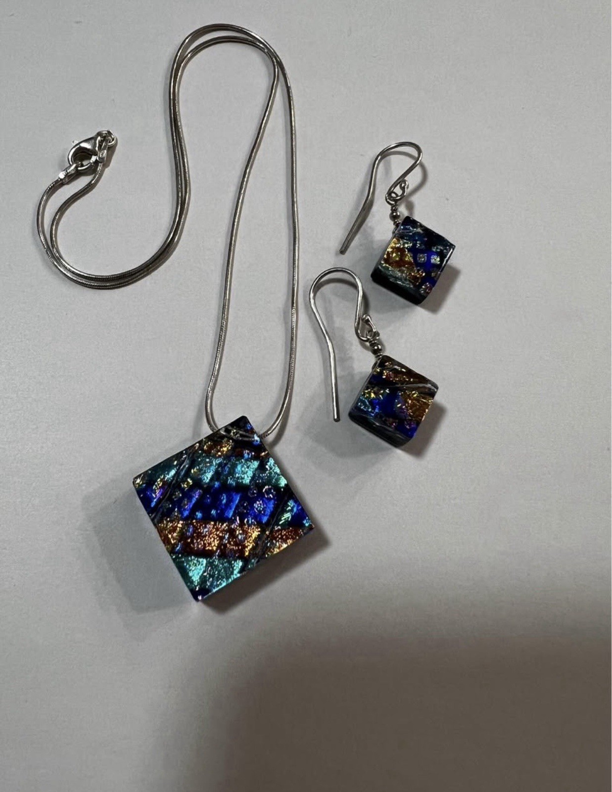 925 Sterling Silver Italy Snake Chain & Dichroic Glass Pendant and Earrings!