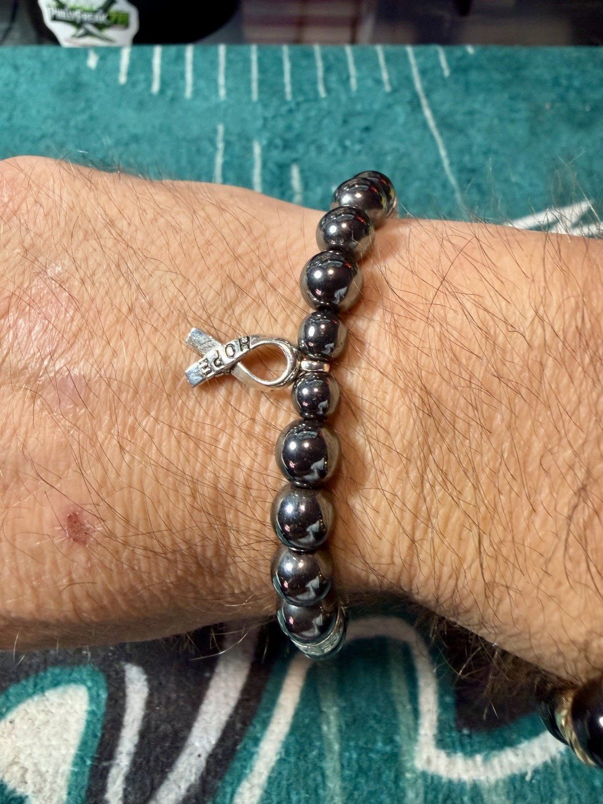 🔥Help! Black Beaded Stretch Slip-On Bracelet, Silver Cancer Awareness Ribbon🔥