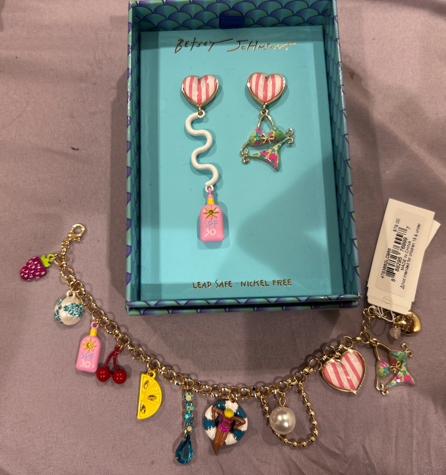 Betsey Johnson Charm Bracelet & Sunscreen Bottle Bikini Mismatch Earrings HTF