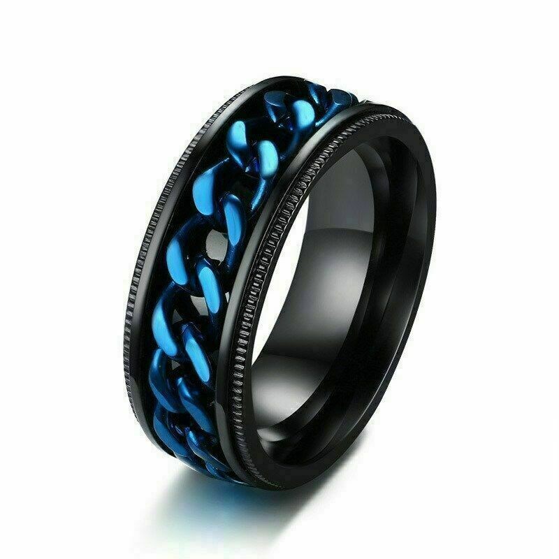 Blue Stainless Chain Size 45120 Black Band Steel Spinner Wedding Men’s Ring 8mm