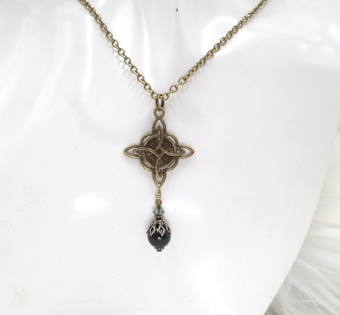 Celtic Knot Necklace, Black Bead Antique Brass Witch Knot Handmade Jewelry