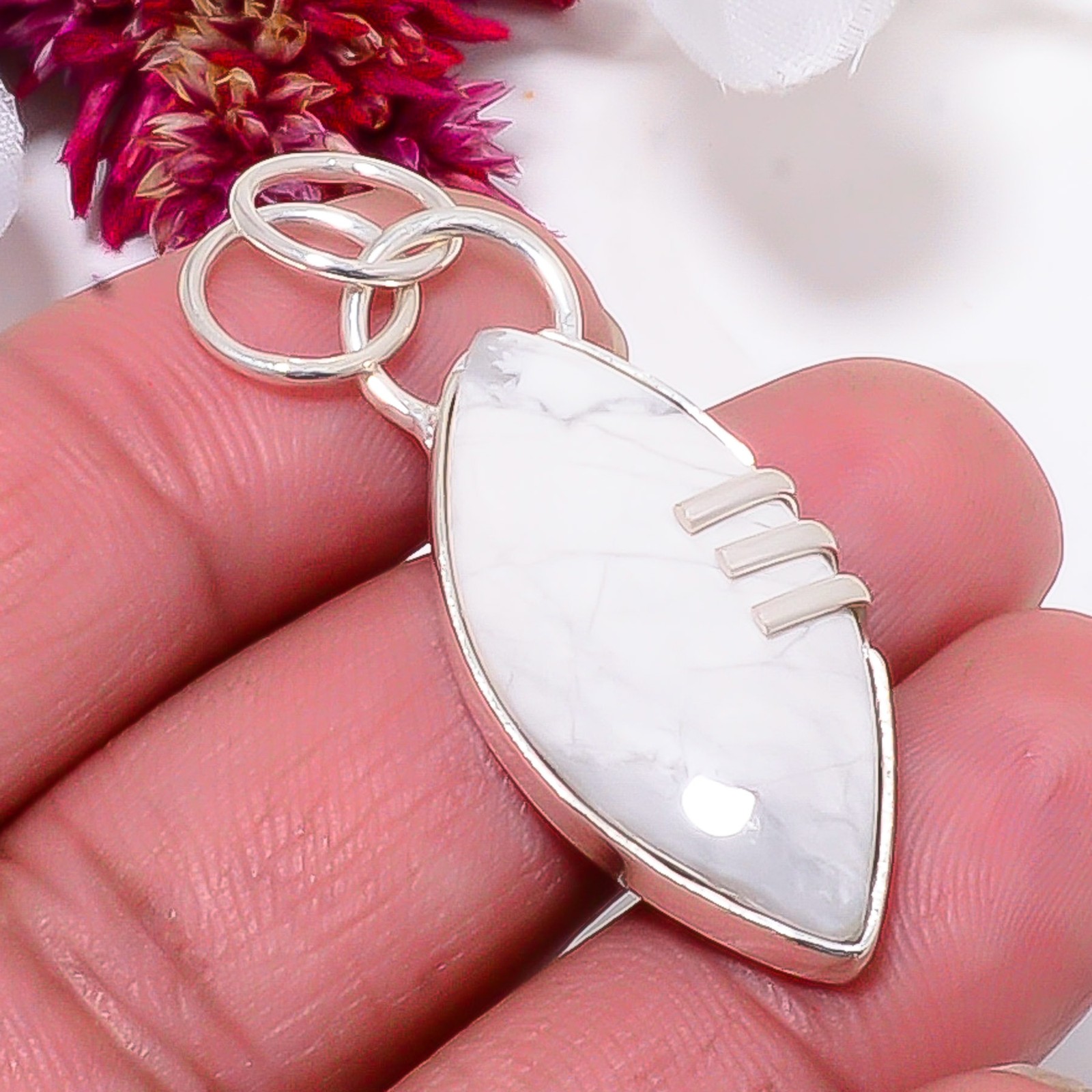 Natural White Howlite – United States 925 Sterling Silver Pendant 1.76″ sku59