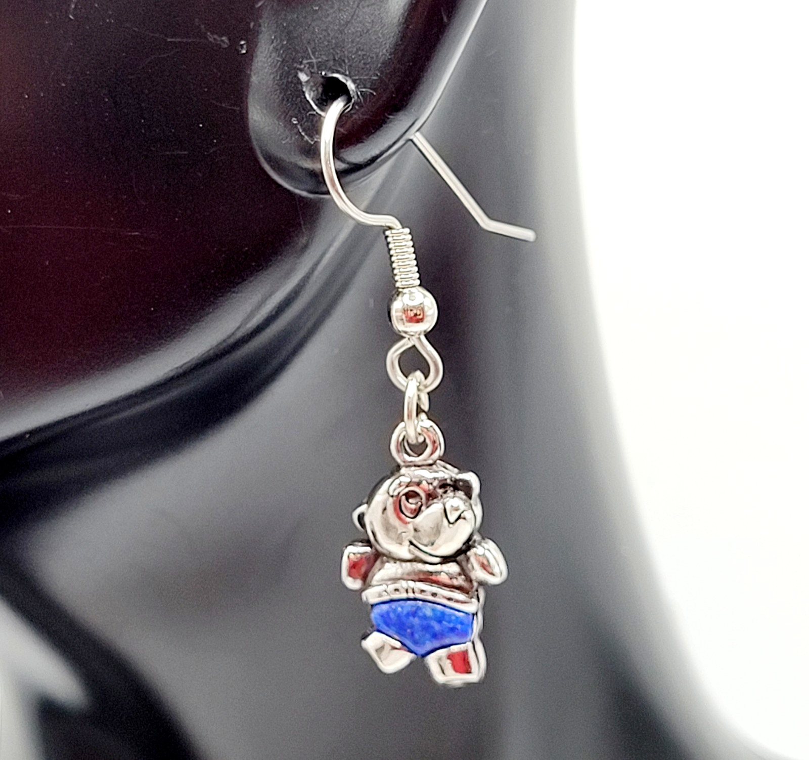 SW Waldeck Johnson Teddy Bear Lapis Lazuli Silver Tone Pierced Hook Earrings