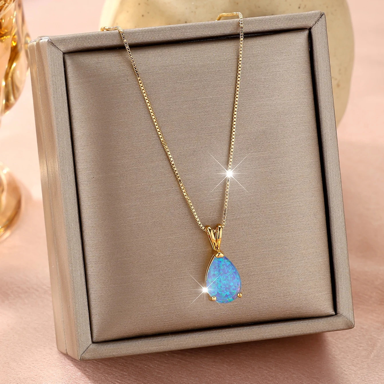 Boho Female White Blue Opal Water Drop Pendant Necklace Gold Color Wedding Jewel