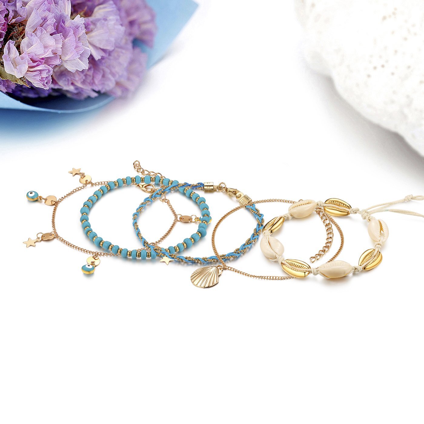 Fashion Women Boho Shell Star Ankle Bracelet Beaded Adjustable Beach Anklet Set