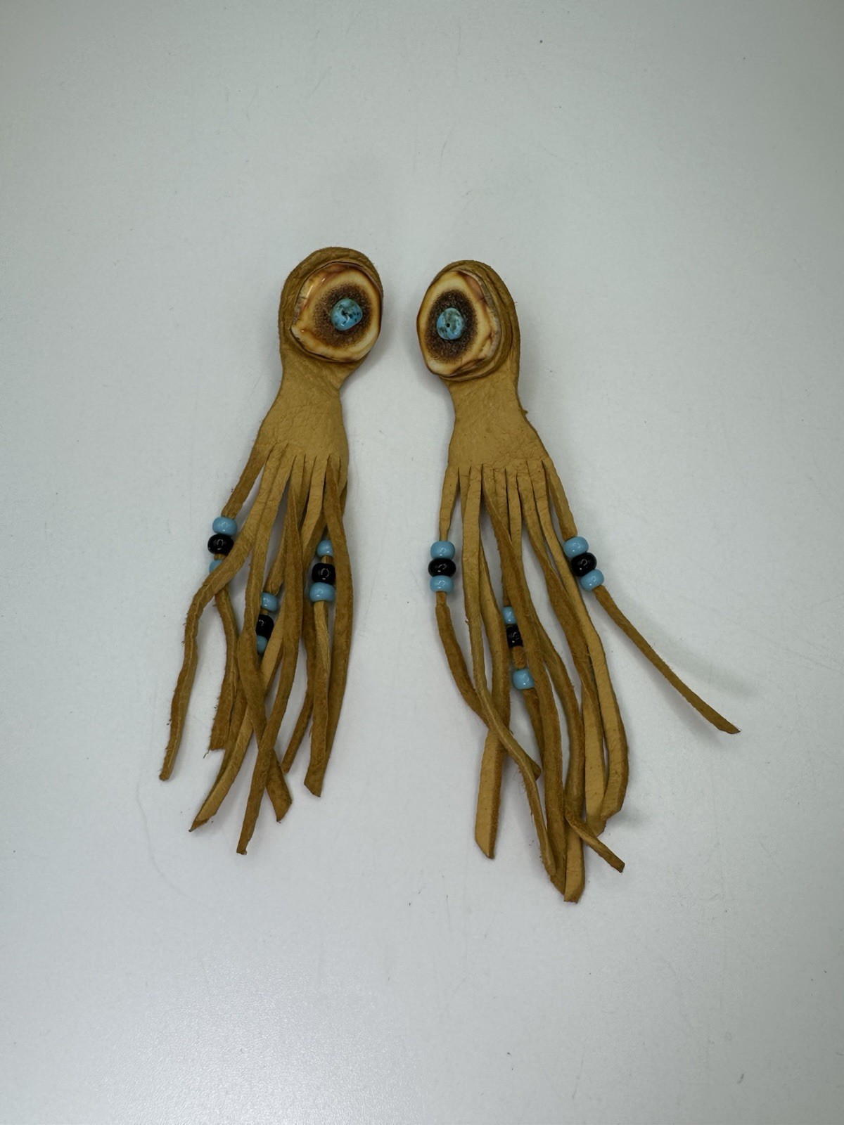 Silver Tone & Beige Leather Tassel Earrings Native Style Whit Turquoise Accents