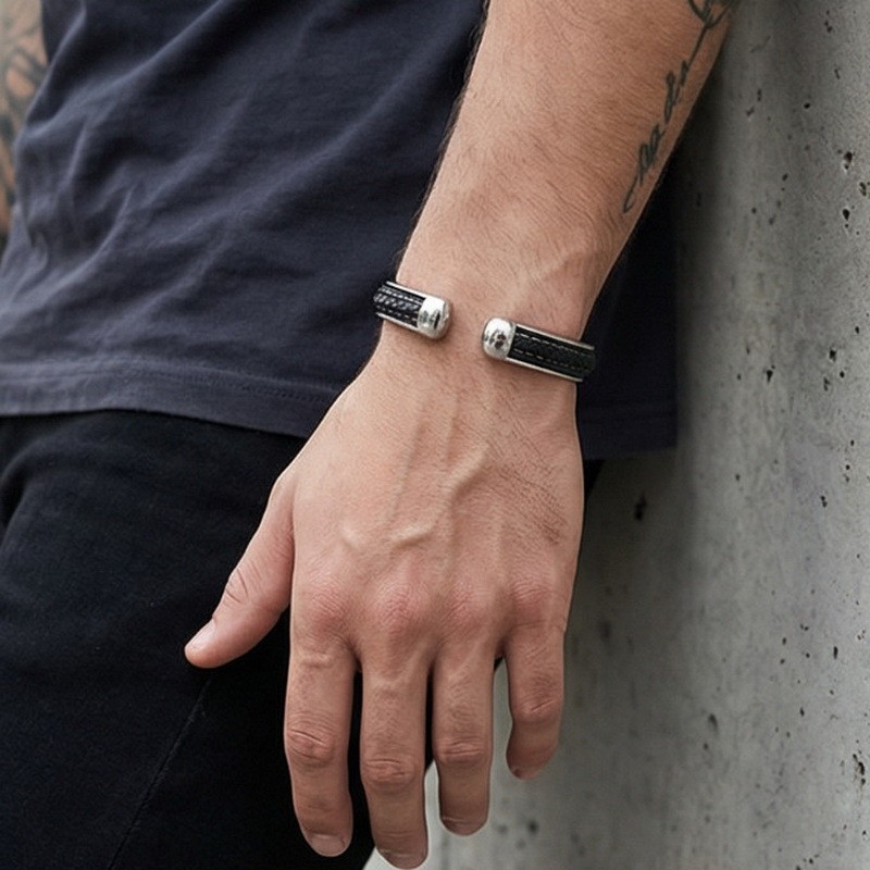 Unique Woven leather stainless steel C-shaped open Cuff Bangle Bracelet For Mens