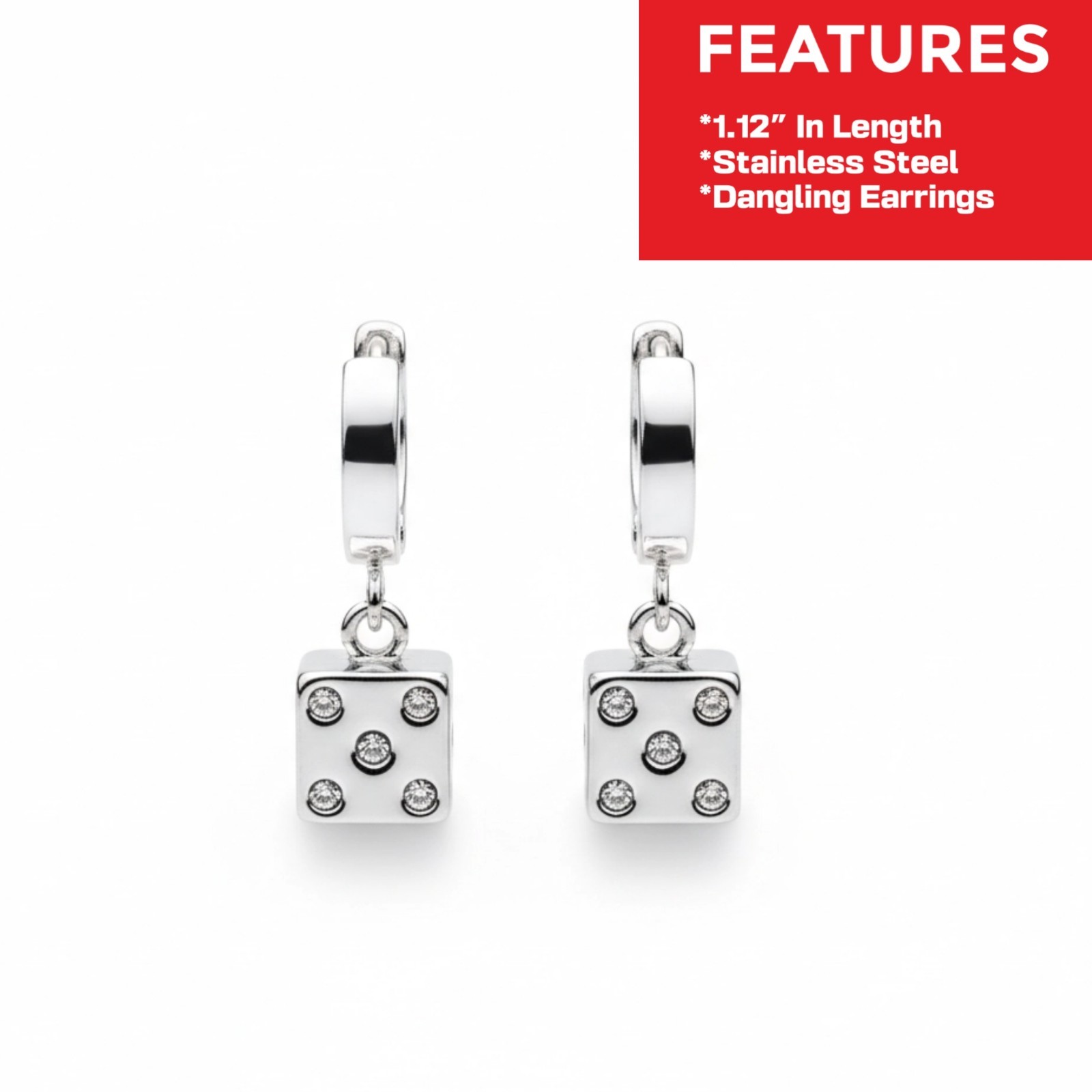 Stainless Steel Dice Dangle Hoop Earrings Mens Womens Punk Gothic Jewelry New