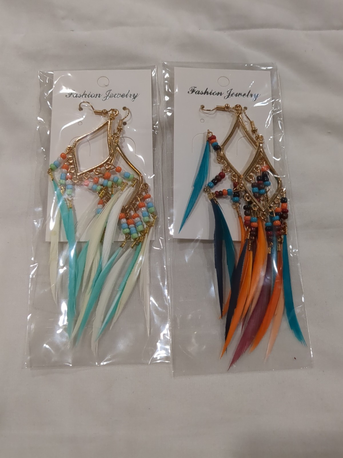 Bead Earrings 2 PC Set Feather Tassel Gold Boho Ethnic Retro Bohemian Dangle
