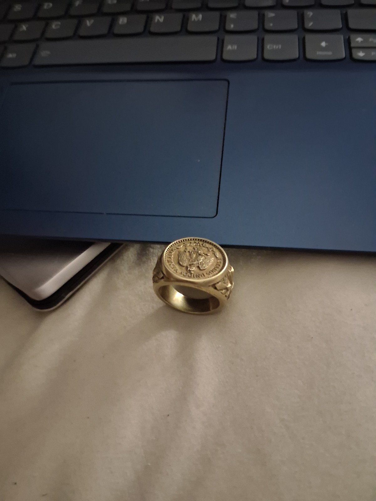 14K Yellow Gold Engraved Signet Ring Size 11, No Stone, Coin-Style Face