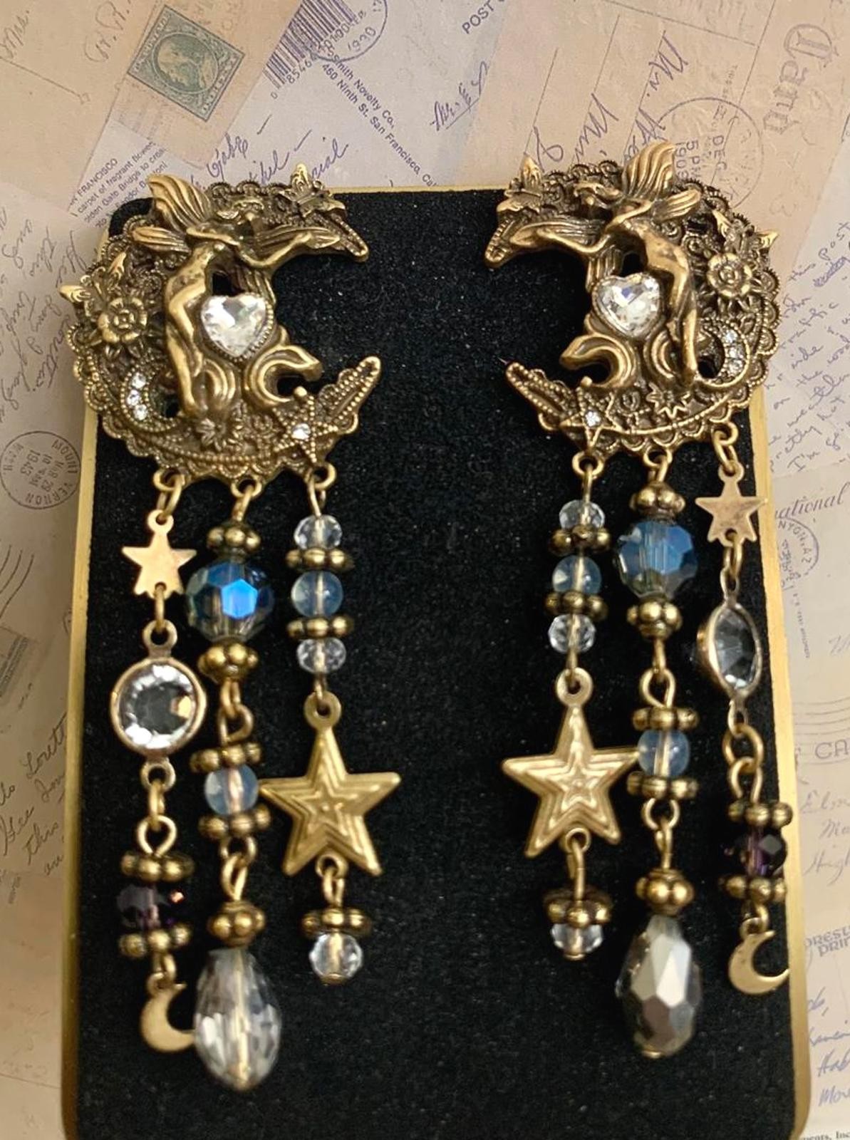 Vintage Designer Fairy Moon Earrings Celestial Star Dangle Fantasy Designer