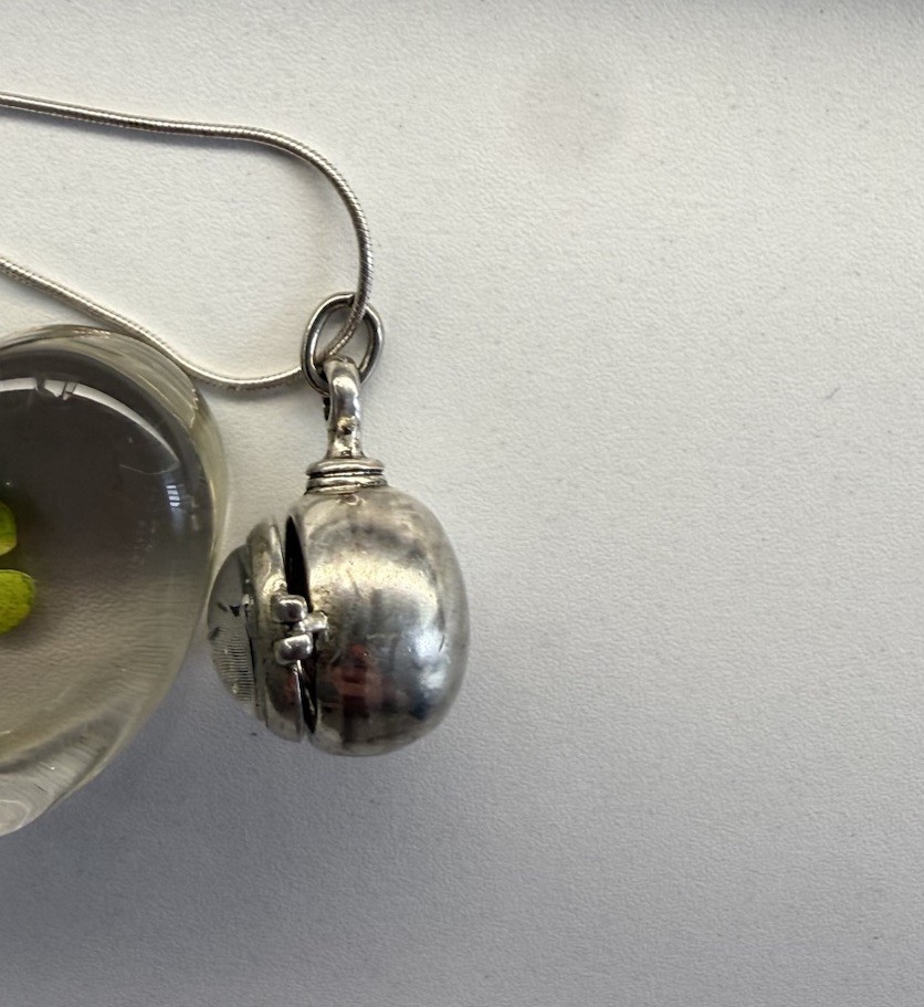 Silver Tone Round Locket Pendant Necklace Clear Glass Dome Snake Chain Lobster