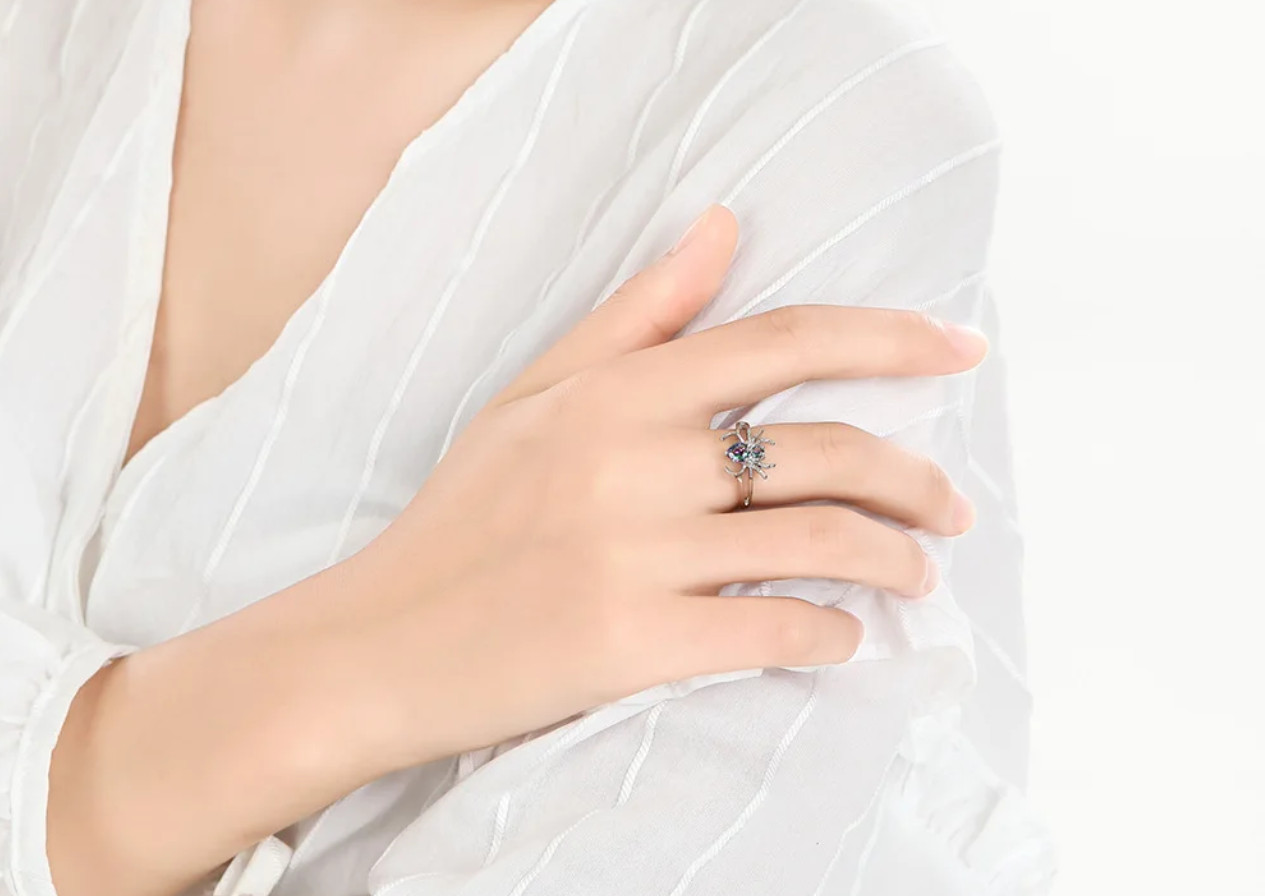 Rainbow Bling Spider in Cubic Zirconia Solitaire Silver Ring