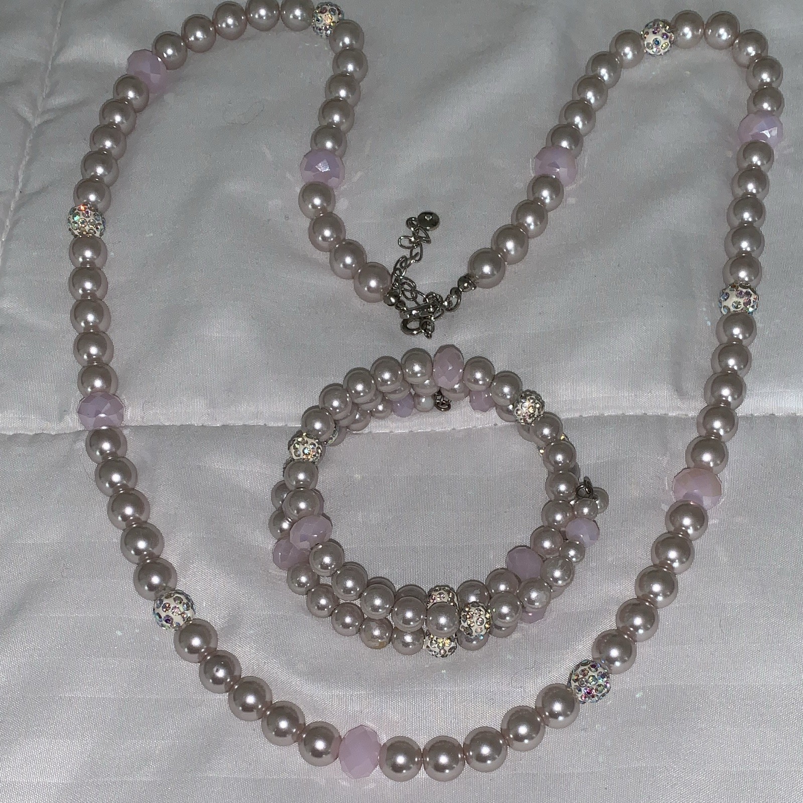 Pink Faux Pearl Jewelry Set Necklace & Bracelet w/ Crystal Rhinestone Spacers