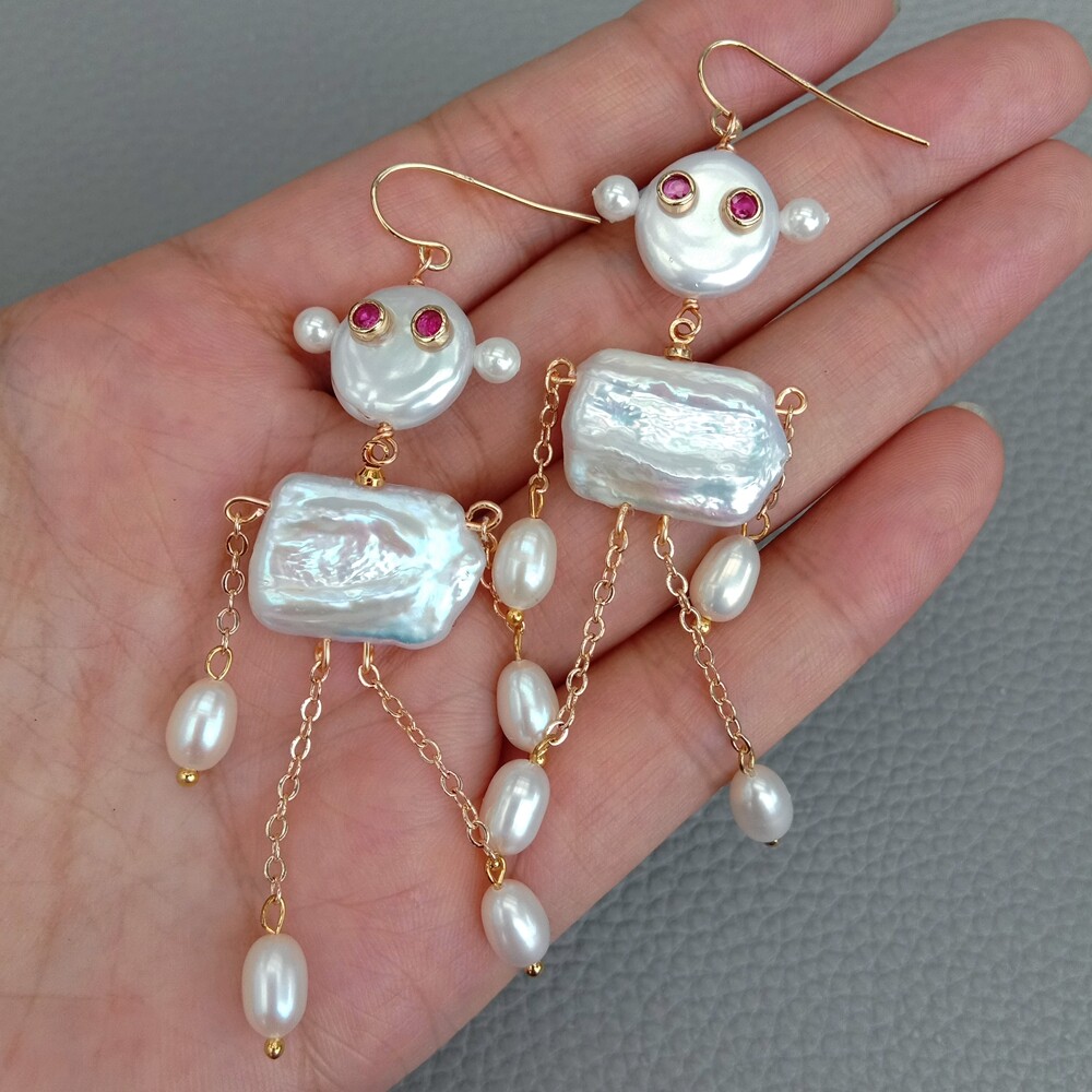 3.1″ Cultured White Pearl Earrings Robot Shape Dangle Earrings Novelty Jewelry