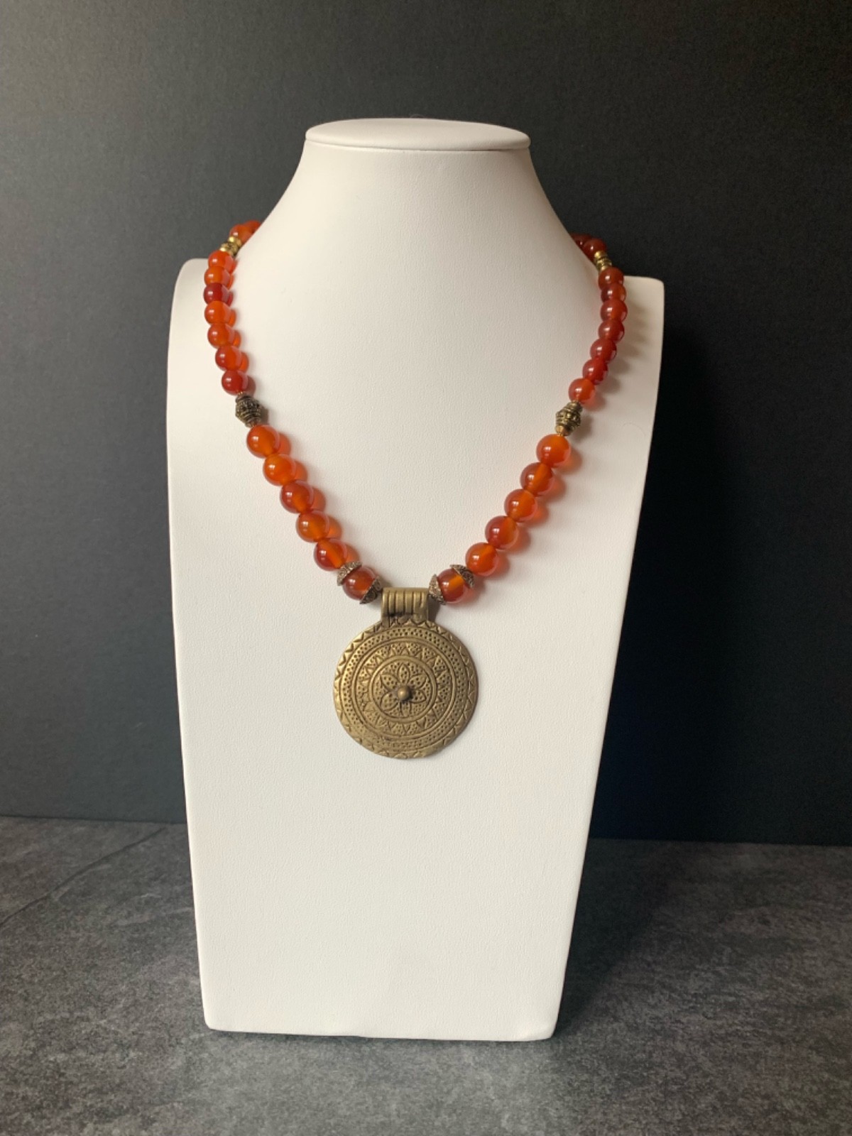 Vintage Brass Auspicious Tibetan Mandala Amulet Carnelian beads 22″ Necklace 6
