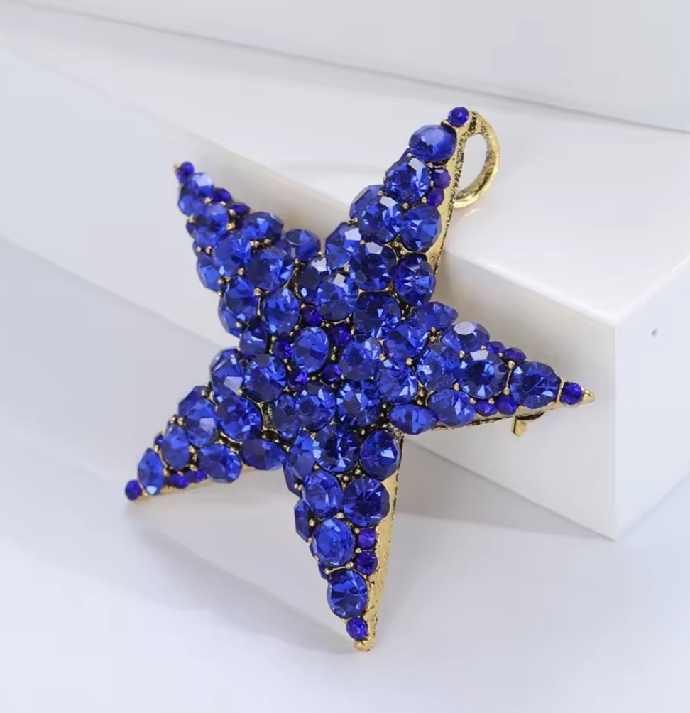 BLUE CRYSTAL RHINESTONE GOLD STAR PIN BROOCH PENDANT~CHRISTMAS HOLIDAY GIFT