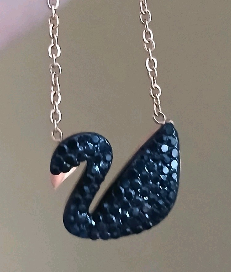 Black Swan W/Crystals Rosetone Stainless Steel Pendant Necklace 16-18″