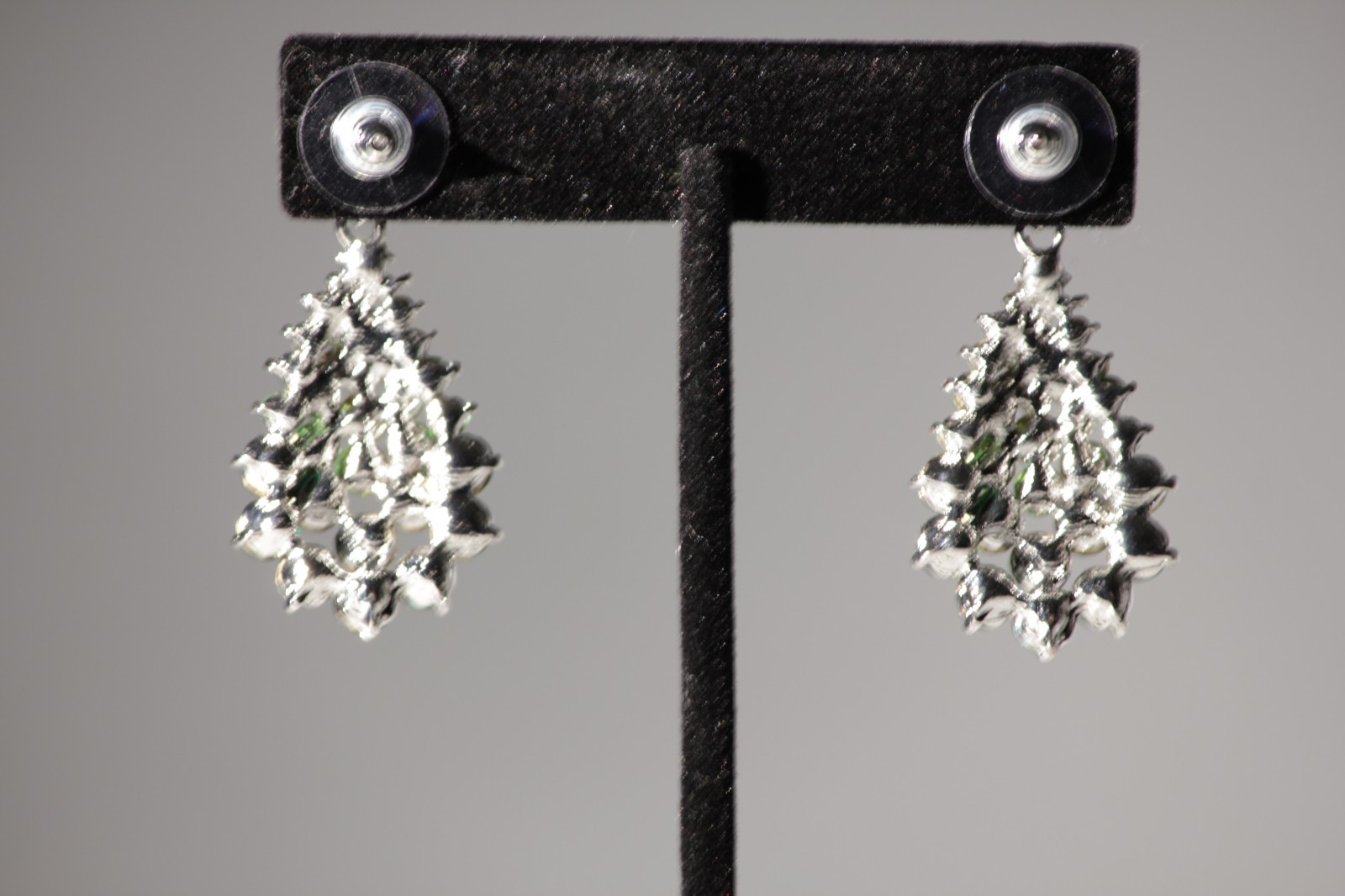 Pierced Earrings Crystal Super Bling 1 5/8 inch Green Peacock Style Wedding NEW
