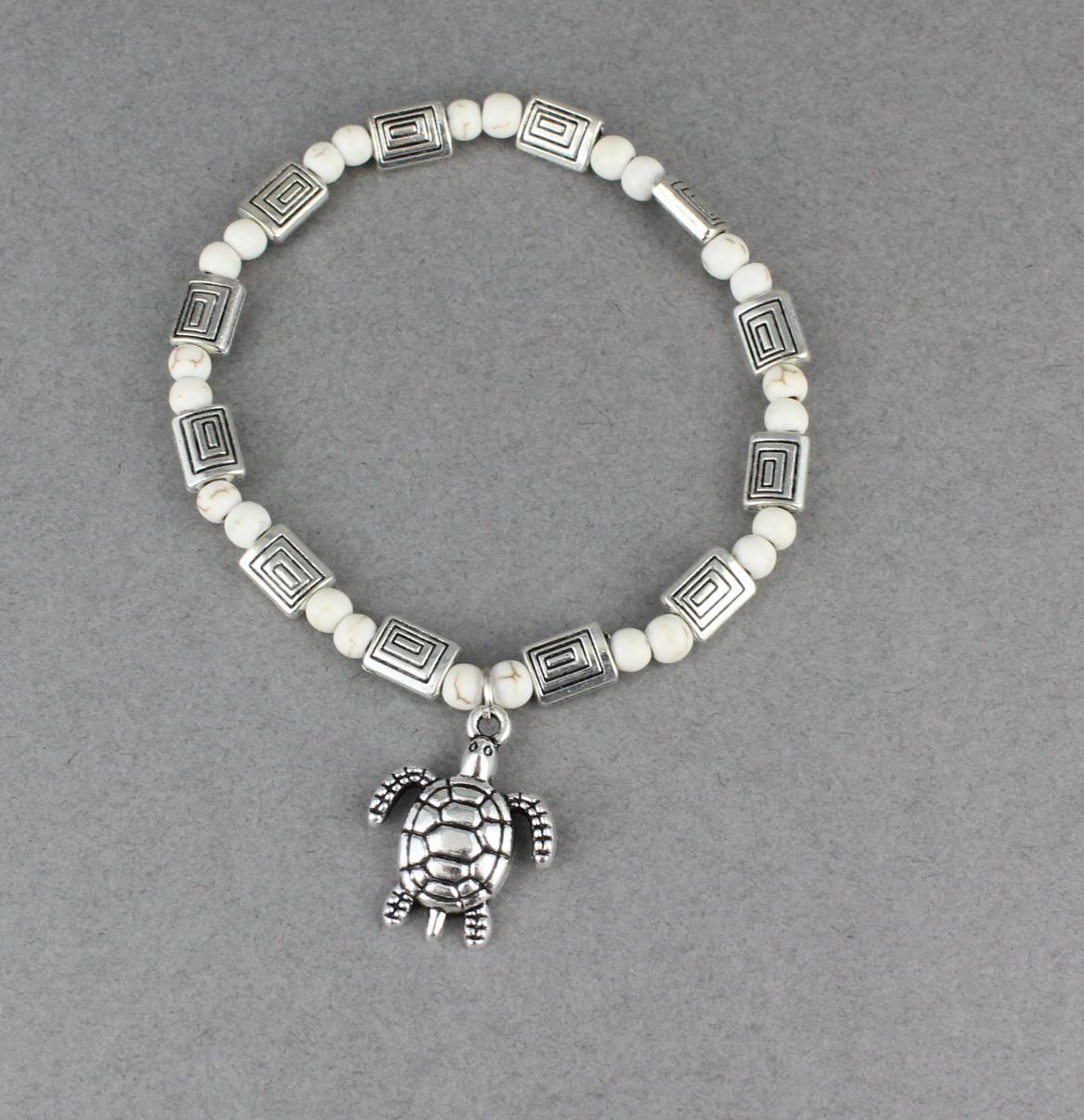 turtle charm bracelet stretch Cream Silver stretchy beaded bracelet tortoise