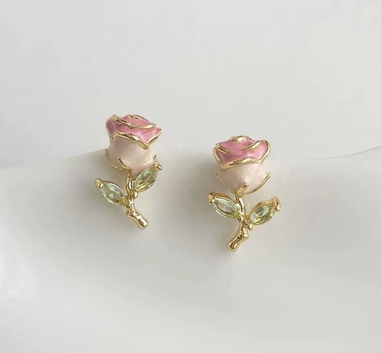18K Gold Plated Rose Flower Stud Earrings Pink Enamel Floral CZ Earrings 391