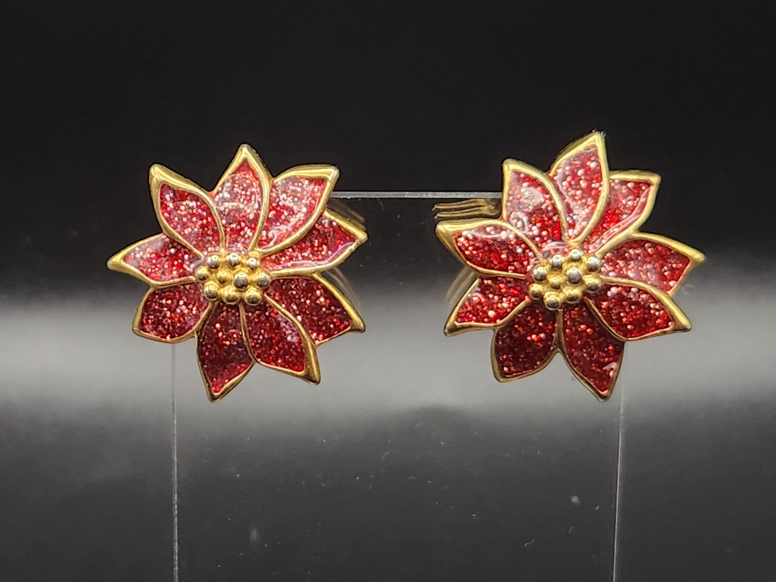 Vintage Red Glitter Poinsettia Earrings Gold Tone Christmas Flower Stud Earrings