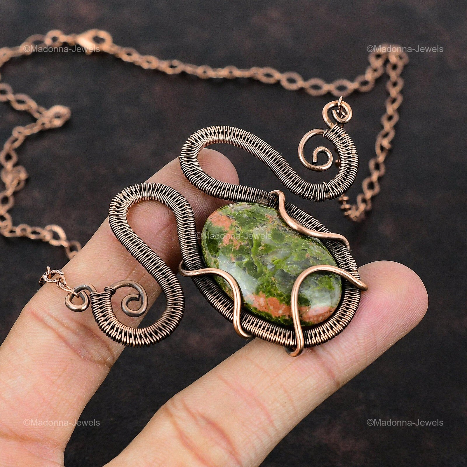 Copper Natural Unakite No Stone Chain Sister Wire Wrapped Engagement Necklace