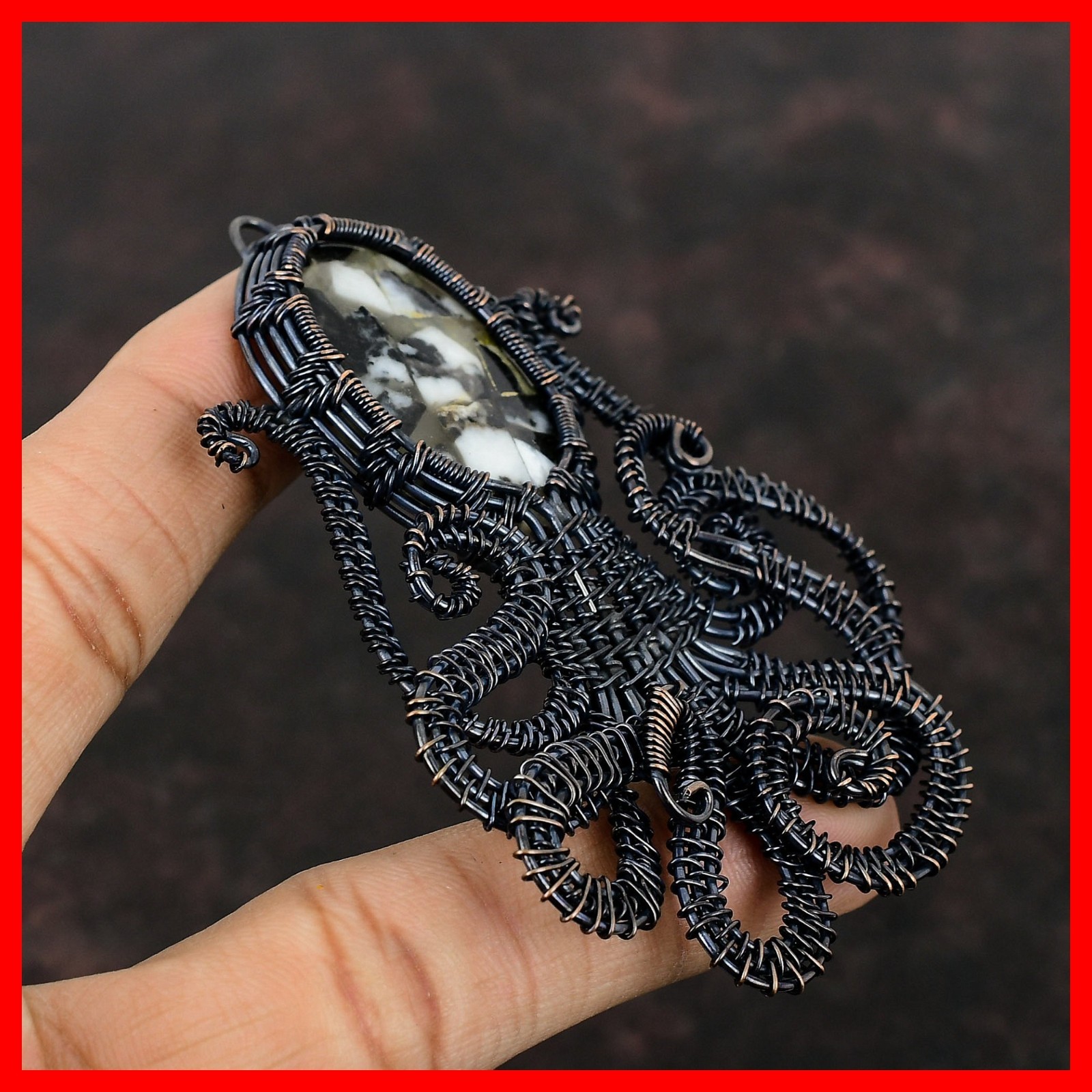 Copper Oval Natural Copper Black And White Turquoise Wire Wrap Pendant Jewelry