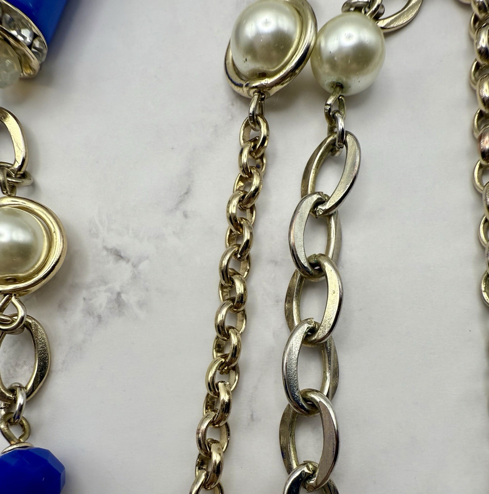 WHBM Convertible 3 in 1 Necklace Cobalt Pearl 38″ Champagne Gold Tone SportGlam