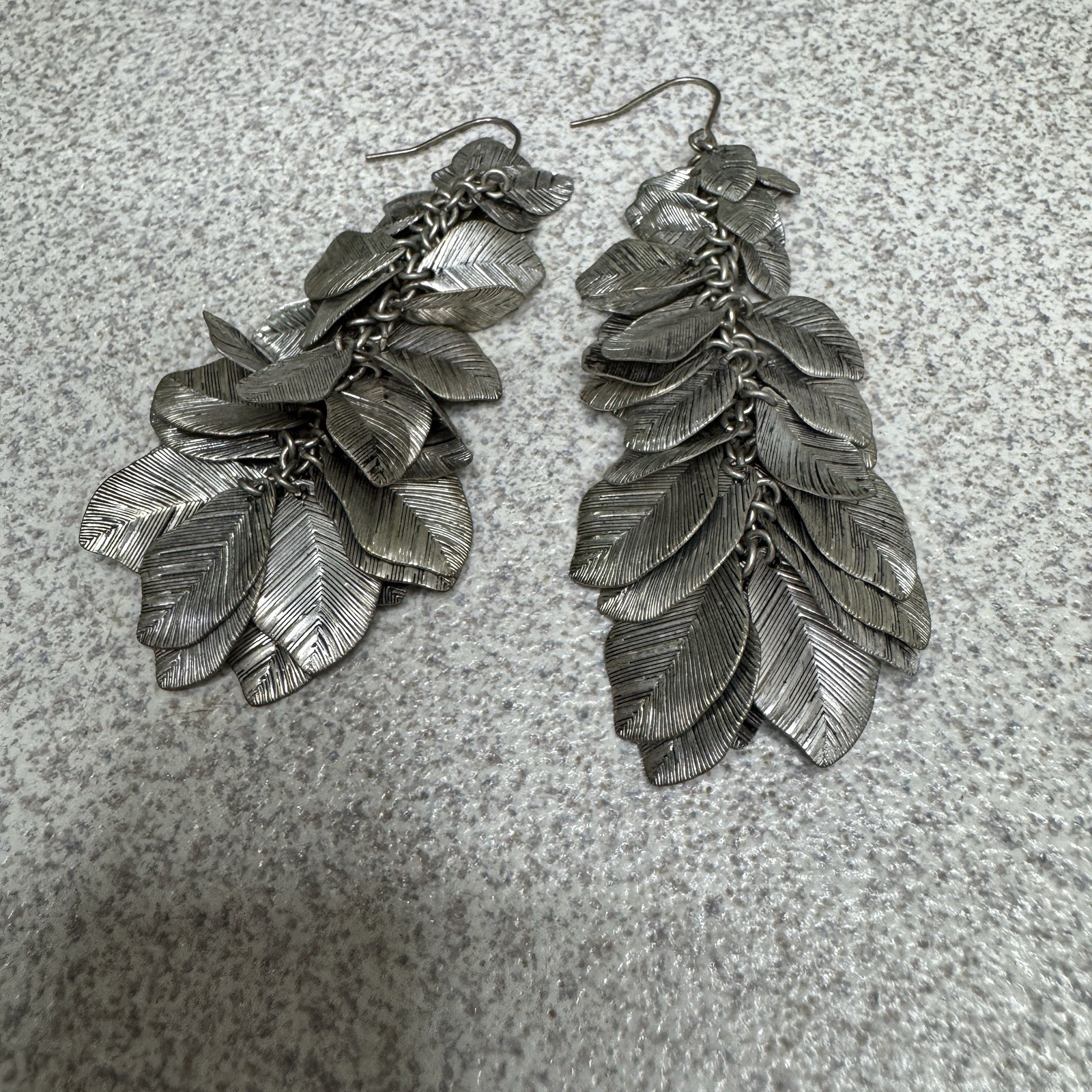 Silver Color Metal Textured Leaf Leaves Cluster Dangle Earrings Cottage Boho
