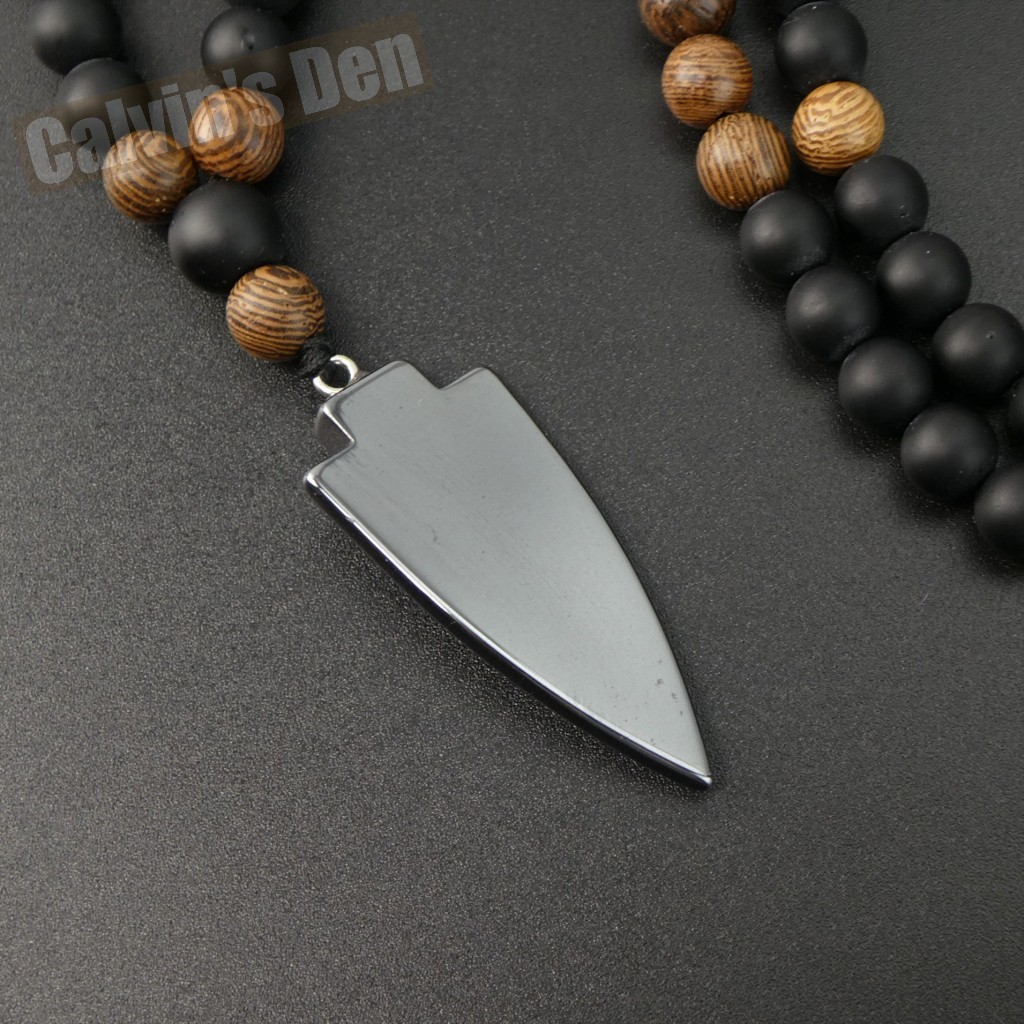 Matte Black Onyx Wenge Wood Bead Hematite Arrowhead Pendant 28” Long Necklace