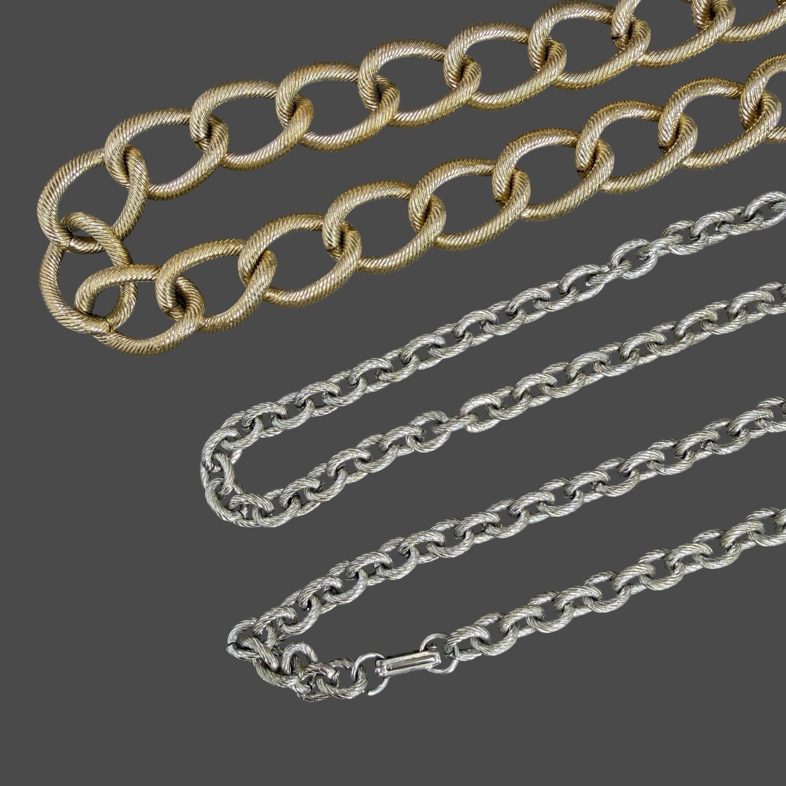 Vintage Lot of 2 Textured Aluminum Chain Link Necklaces Gold Tone & Silver Tone