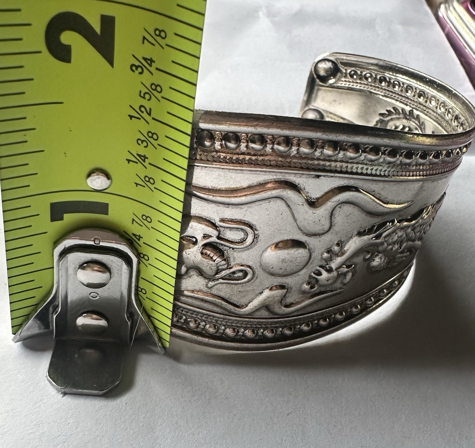Wide Silver Tone Dragon Cuff Bracelet Asian Inspired Statement 1.5”