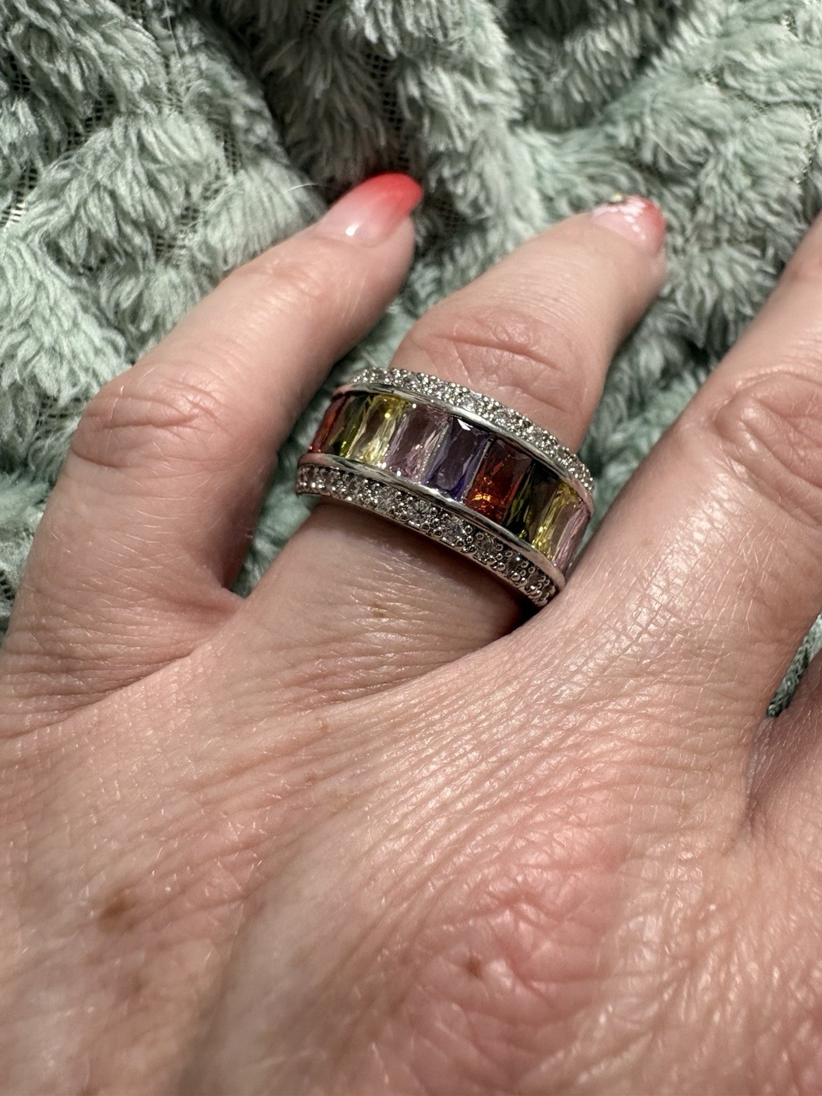 Silver Tone Multicolor Baguette Channel-Set Stackable Band Ring Size 7