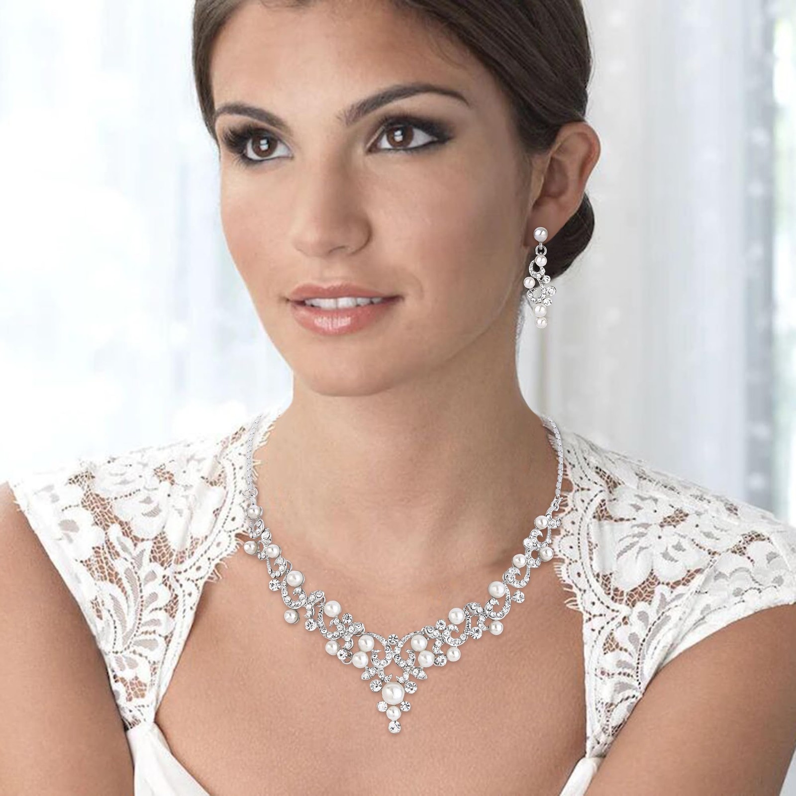 Wedding Bridal Simulated Pearl Necklace Earrings Jewelry Set for Women Filigr…